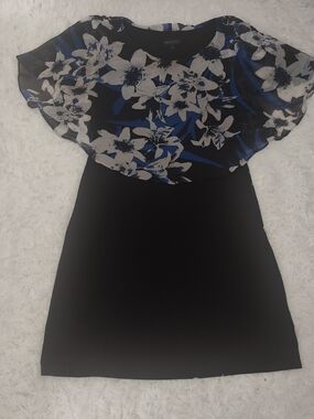 Connected Apparel Black Midi Dress with Blue & White Floral Overlay